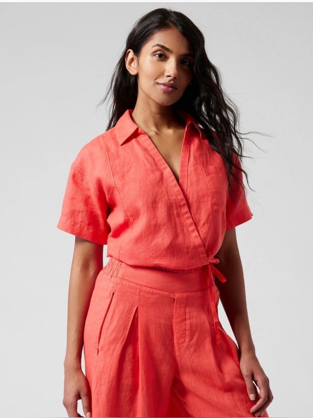 ATHLETA Playa LINEN Passionfruit Coral Tie Wrap Shirt Women’s size Medium